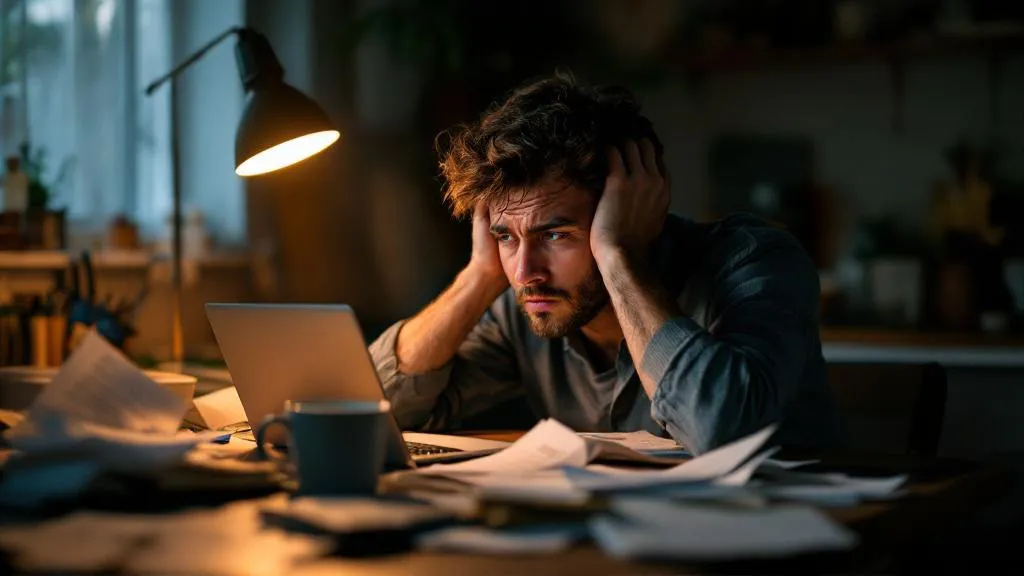 A tired person sits at a kitchen table surrounded by mortgage paperwork and a laptop, illuminated by warm lamplight casting shadows across documents and their face.