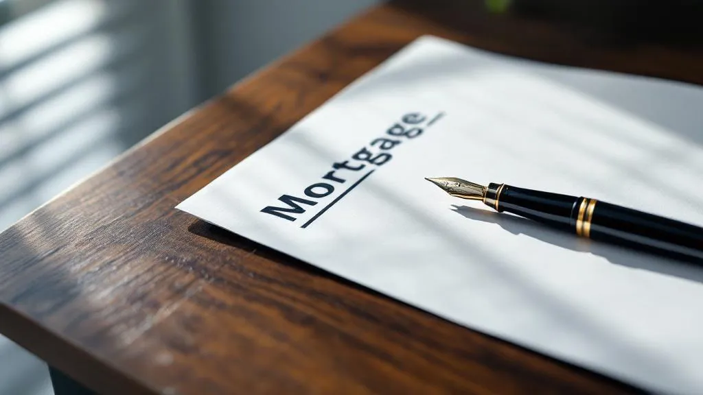 Close-up of a mortgage document and pen on a dark wooden desk, lit by soft natural window light from the left, shallow focus creating a professional, serious mood.