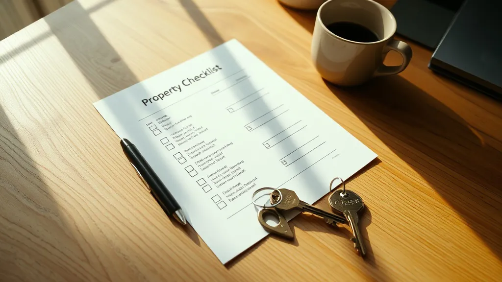 Overhead view of a wooden desk with a white property checklist, pen, house keys, and coffee cup in soft morning light, conveying calm organisation and due diligence.
