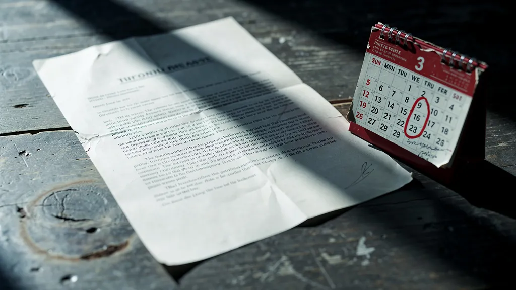 Close-up of a legal document on a wooden desk with a red calendar showing a circled date, lit by natural window light with sharp shadows.