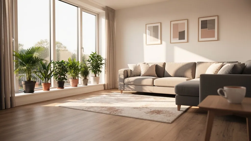 Bright, modern shared living room with neutral furnishings, large windows with potted plants on the sill, and natural daylight creating soft shadows across light wood flooring.
