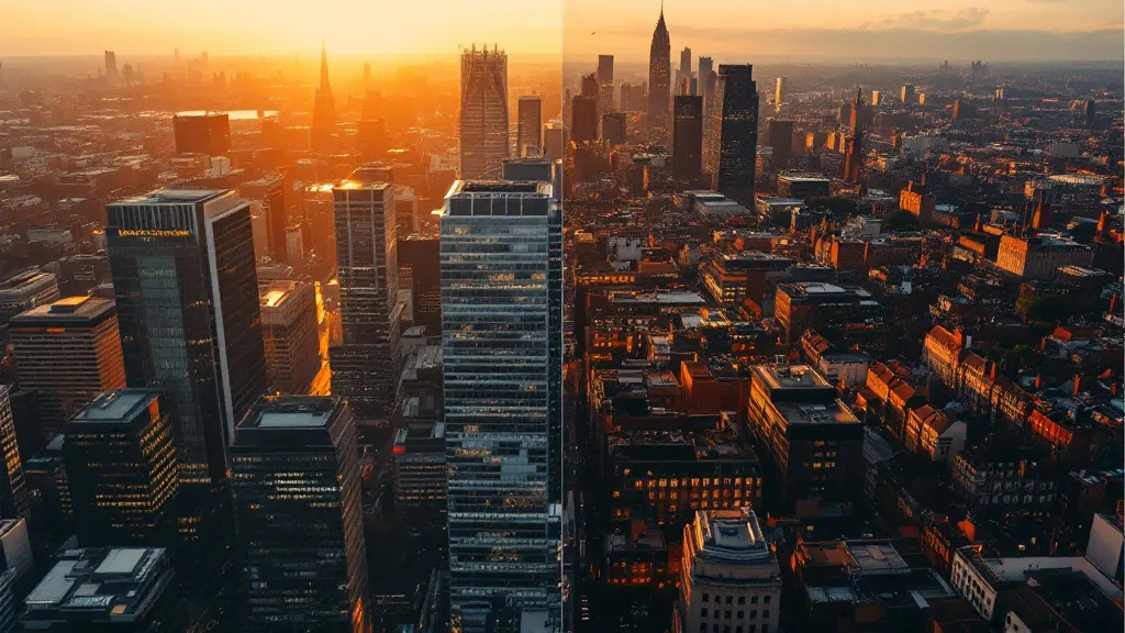Aerial split-screen view contrasting London's dense modern skyline in warm dusk light (left) with a Northern UK city's Victorian terraced rooftops and mixed architecture in golden-hour amber and blue tones (right).