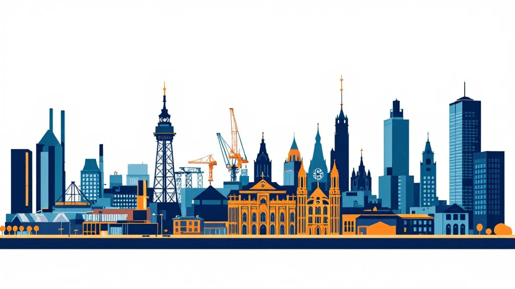 Five stylised UK city skylines in flat-design geometric shapes arranged horizontally in navy, teal, amber and white colours.