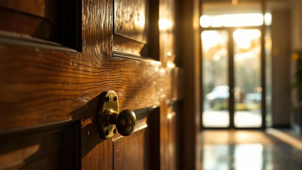 A weathered wooden bank door in soft focus foreground contrasts with a bright, open modern glass office door in warm afternoon sunlight behind it, symbolising traditional versus contemporary financial access.