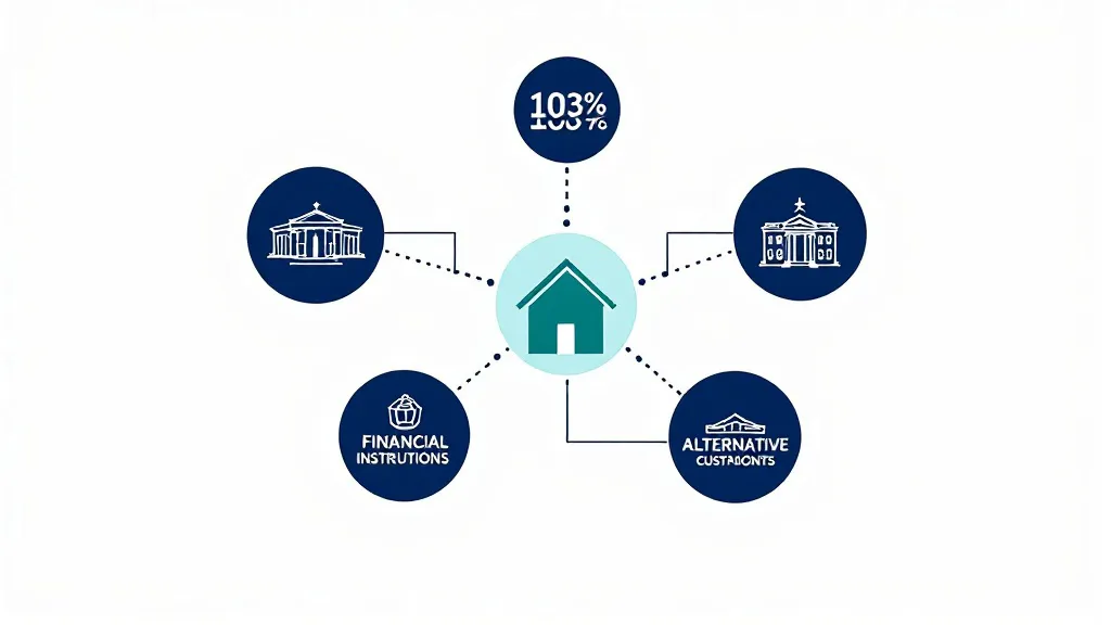 Flat-design infographic showing a central property icon connected to five financial institution nodes via radiating lines, using navy and teal geometric shapes on a minimal background.