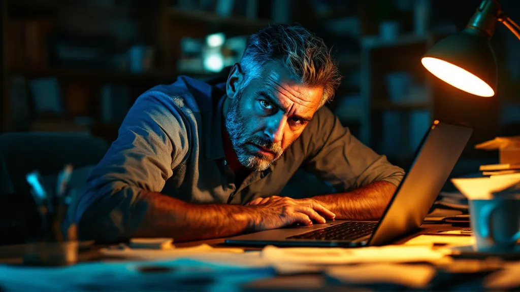 A tired property investor sits at a cluttered desk in dim lamplight, staring at a laptop screen surrounded by property listings, looking overwhelmed and exhausted.