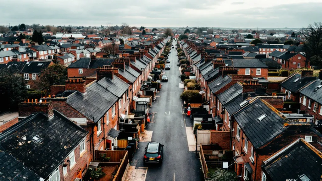 Aerial view of a dense UK terraced housing street under overcast sky, with planning permission notices visible on fences among uniform Victorian properties.