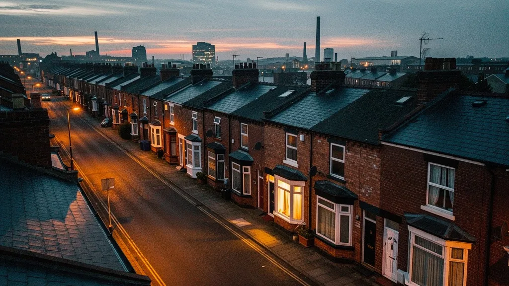 Aerial dusk view of a row of traditional UK terraced houses with amber streetlights, one lit bay window visible, muted blue-grey sky with orange horizon.