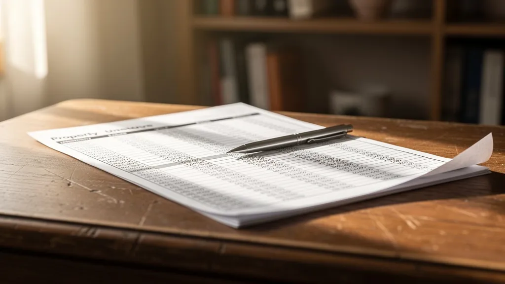 Close-up of a printed spreadsheet on a wooden desk with a mechanical pencil, lit by soft window light from the left, with a blurred bookshelf in the background.
