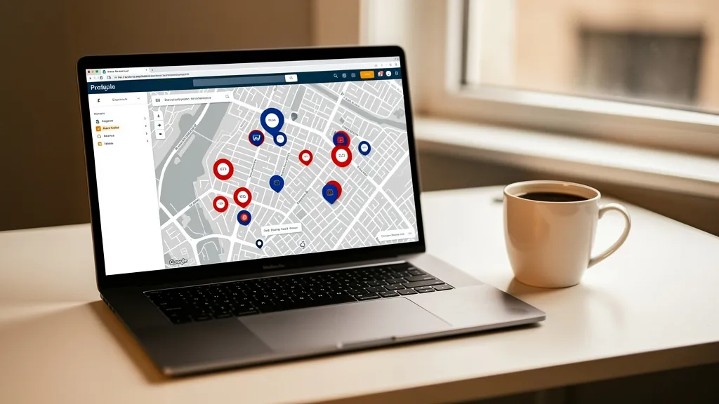 Modern laptop open on a clean white desk displaying a property search interface with map pins scattered across a UK city map, warm indoor lighting, a cup of coffee to the right, shallow focus on the screen with soft bokeh background, professional home office setting, photorealistic, no readable text or logos on screen
