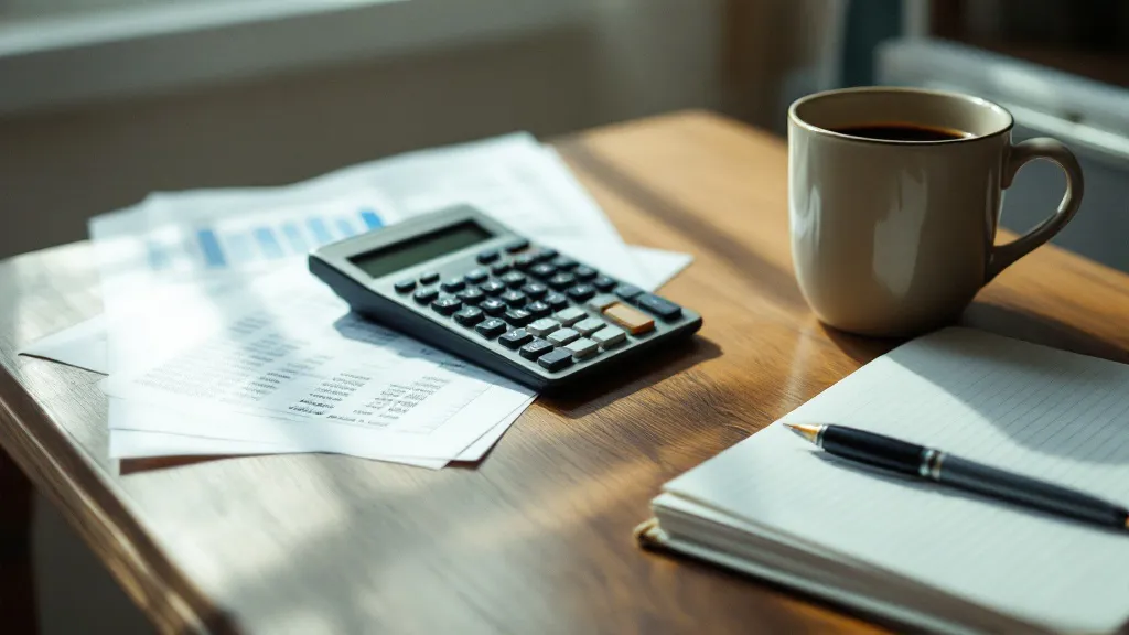 Close-up of a wooden desk with a calculator, coffee mug, printed spreadsheet, and notepad in soft natural window light, shot with shallow depth of field.