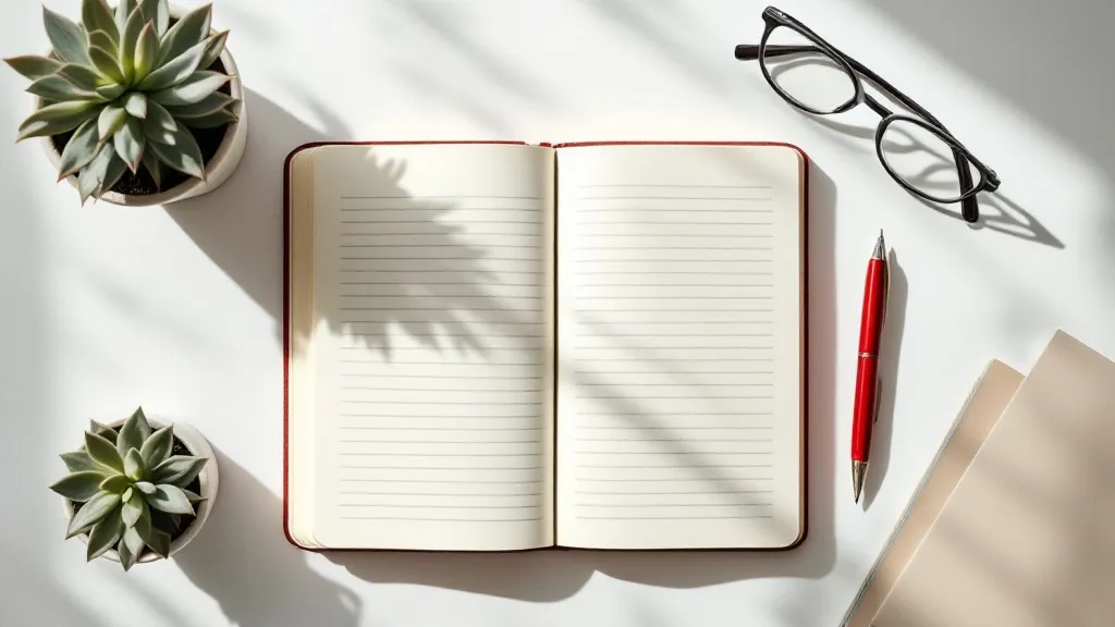 Top-down flat lay of a clean white desk surface with a simple notebook open to a page showing hand-drawn columns and rows, a red pen, a small potted succulent, and reading glasses. Bright, airy natural daylight. Minimal composition. No text, no numbers, no logos visible. Flat-design aesthetic with photorealistic lighting.