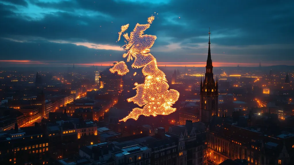 Aerial dusk view of a UK city with a glowing heat-map overlay showing regional investment data across England, the North East region highlighted brightest in gold.