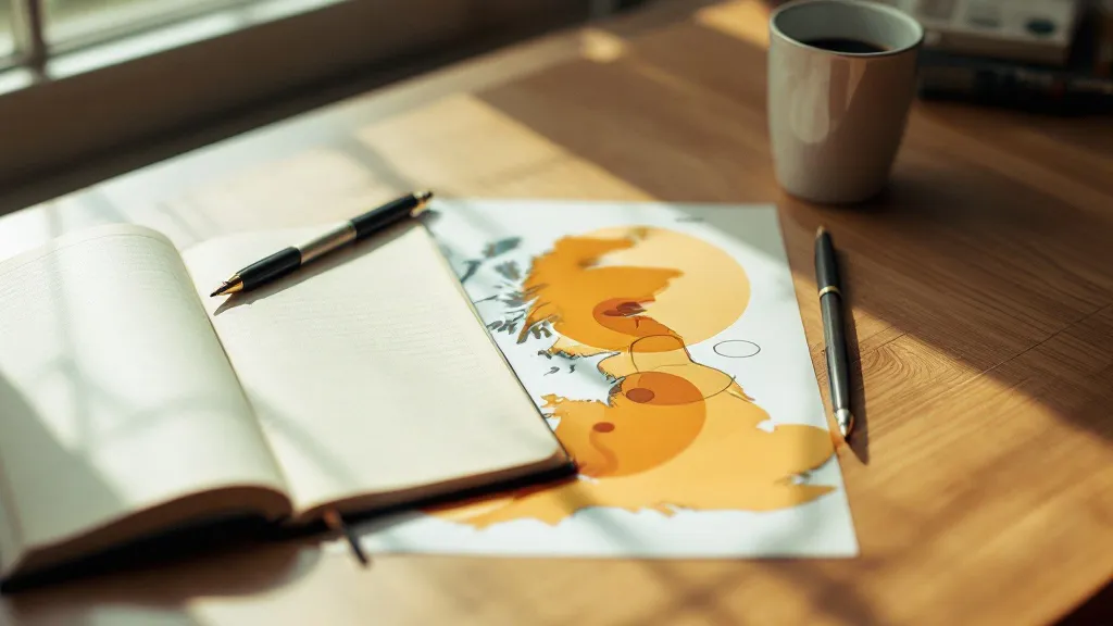 A wooden desk with an open notebook, pen, and printed UK map showing regional yield data, with the North East circle largest and warmest-coloured, lit by soft morning window light.