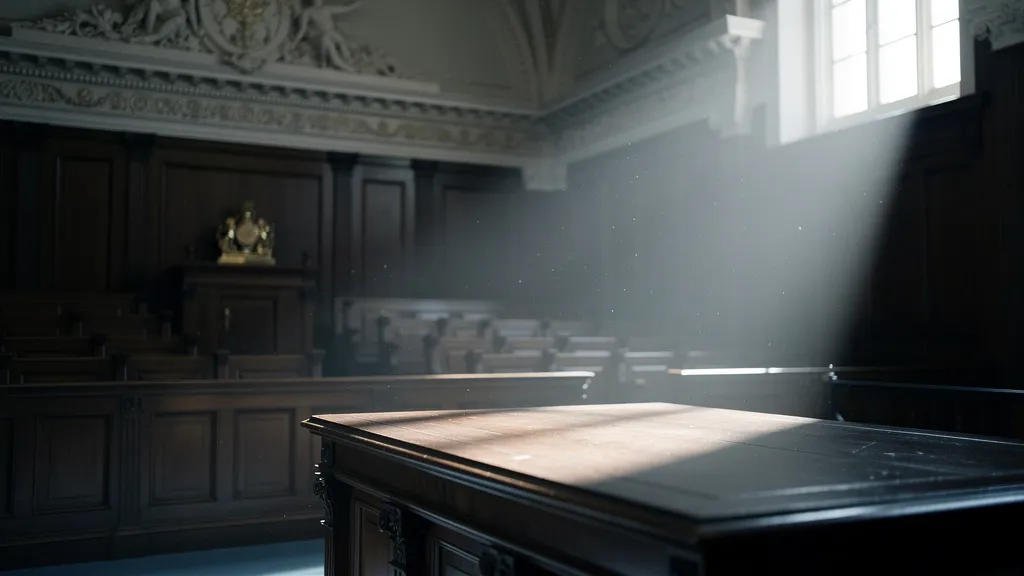 Empty formal British courtroom with dark wood panelling and high ceilings, illuminated by a single diagonal shaft of natural light falling across the judge's bench, evoking sombre authority.