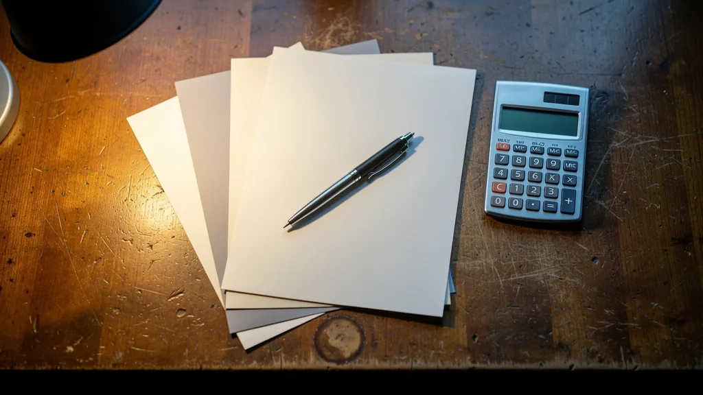 Top-down view of a wooden desk with blank documents, a pen, and calculator, lit by warm desk lamp and cool window light, conveying serious administrative work.