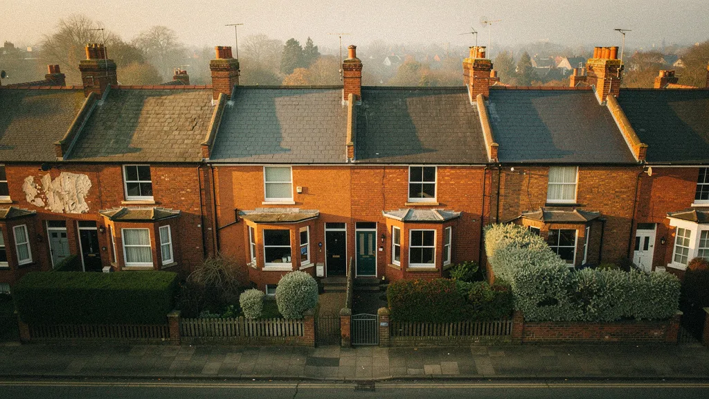 Aerial view of a row of traditional British terraced houses at golden hour, with warm amber light illuminating terracotta brick and slate roofs along a quiet residential street lined with green hedges.