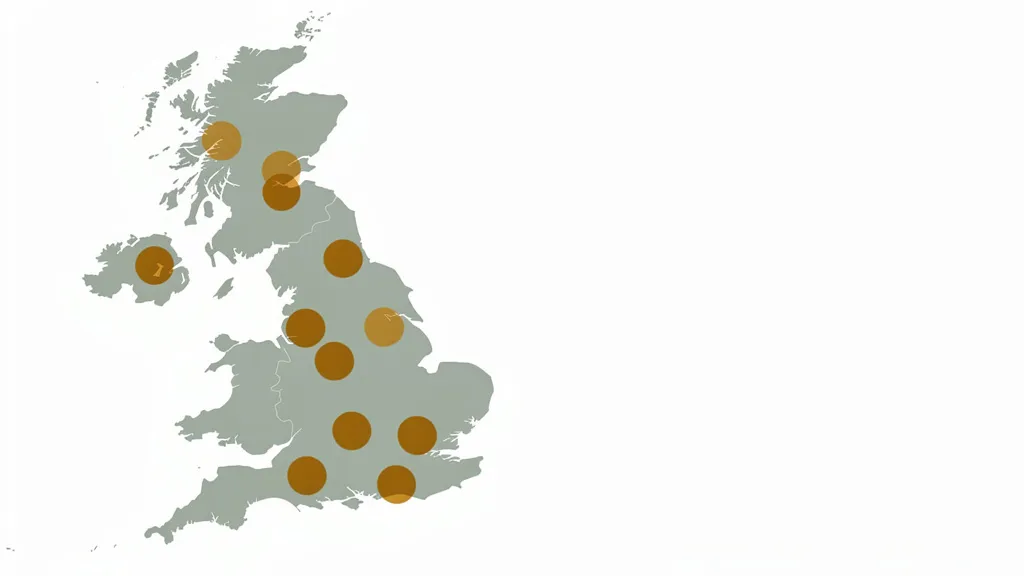 Flat-design UK map illustration showing major cities highlighted in amber warning tones against muted green surrounding regions, conveying risk zones without text labels.