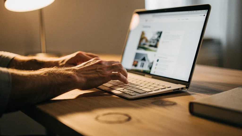Close-up of hands on a laptop in a warm home office with desk lamp lighting, shallow focus on the keyboard and desk surface.