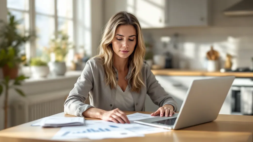 A professional woman reviews property documents and laptop at a modern kitchen table in natural window light, embodying focused financial planning.