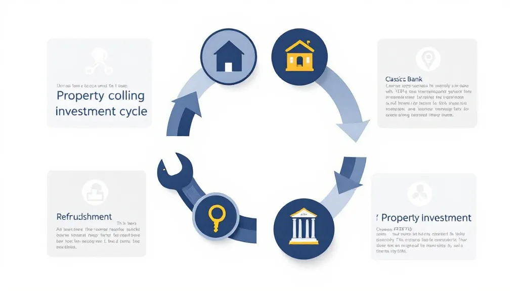 Circular property investment cycle infographic with four connected icons: house, tool, bank, and key, in navy blue and gold flat design on white background.