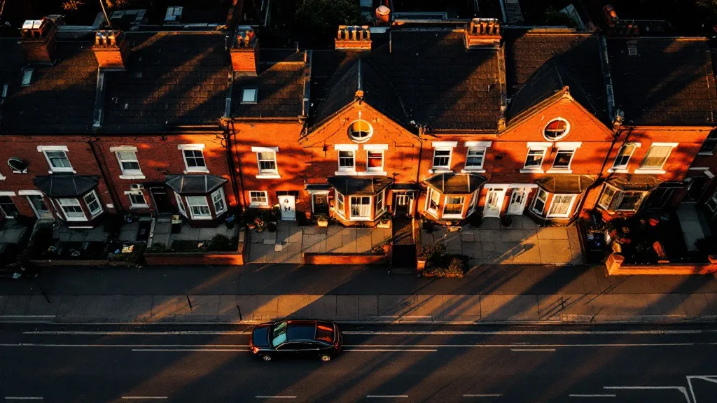 Aerial view of red-brick terraced houses in a northern English city at golden hour, with long shadows stretching across the street and warm amber light illuminating the facades.