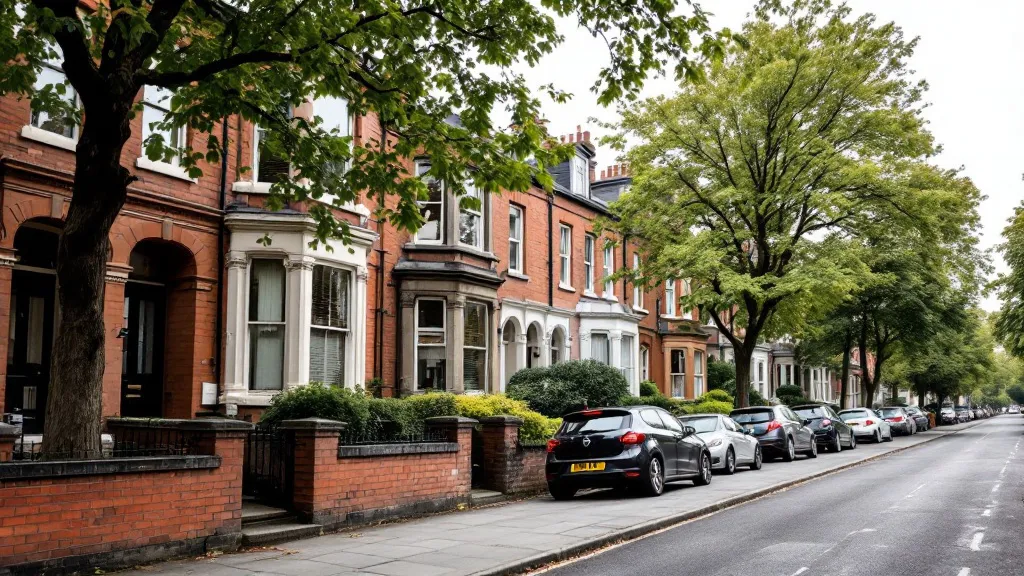 Ground-level view of a clean, tree-lined Victorian terraced street in Sheffield under soft overcast daylight, with parked cars and period brick properties showing warm neutral tones.