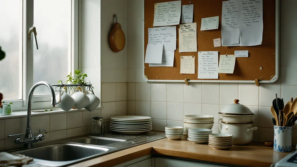 Interior of a modest shared kitchen with three sets of drying dishes, mismatched mugs on a rack, and an overlapping noticeboard on the wall, lit by soft daylight through a frosted window.