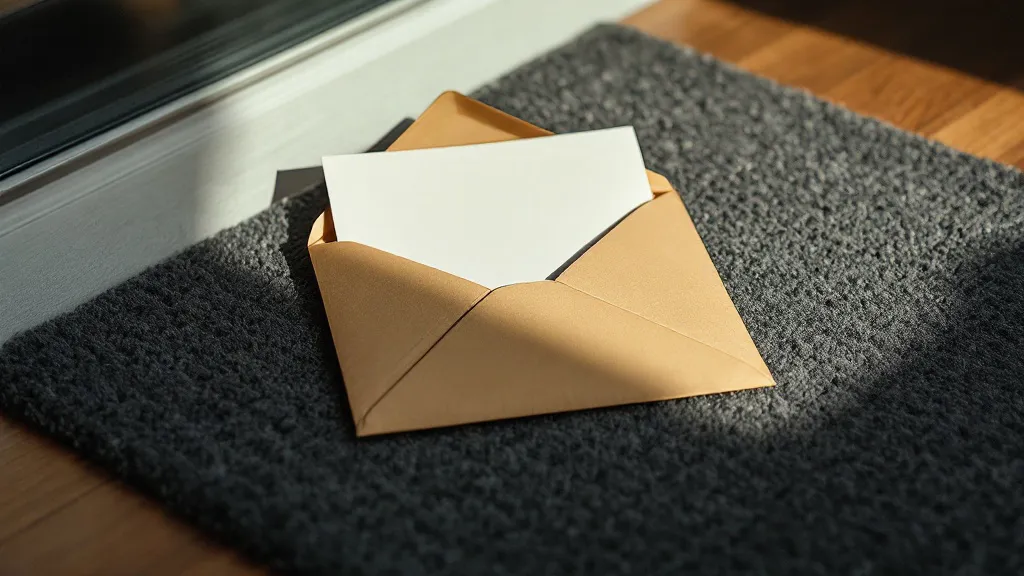 Close-up of an official-looking brown envelope on a doormat, partially open to reveal a formal notice document inside, dramatic side lighting casting a long shadow, muted grey and beige tones, slightly ominous mood, photorealistic style, no text or numbers visible on any surface