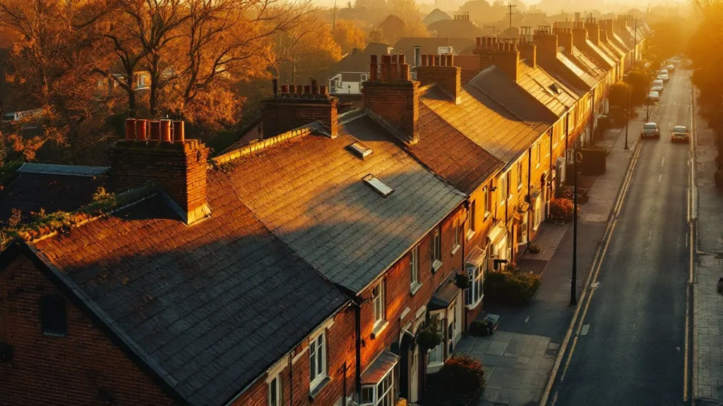 Aerial view of traditional red-brick UK terraced houses at golden hour, with long shadows across rooftops and warm amber light illuminating the quiet residential street.