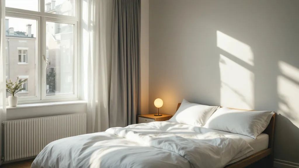 Bright, minimalist HMO bedroom with a neatly made white bed, grey walls, and natural light from a window, conveying calm rental property appeal.