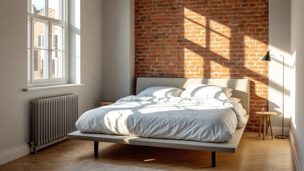 Bright, airy HMO bedroom in a Victorian terrace with exposed brick, modern furnishings, and warm afternoon window light creating a calm, investment-quality interior.