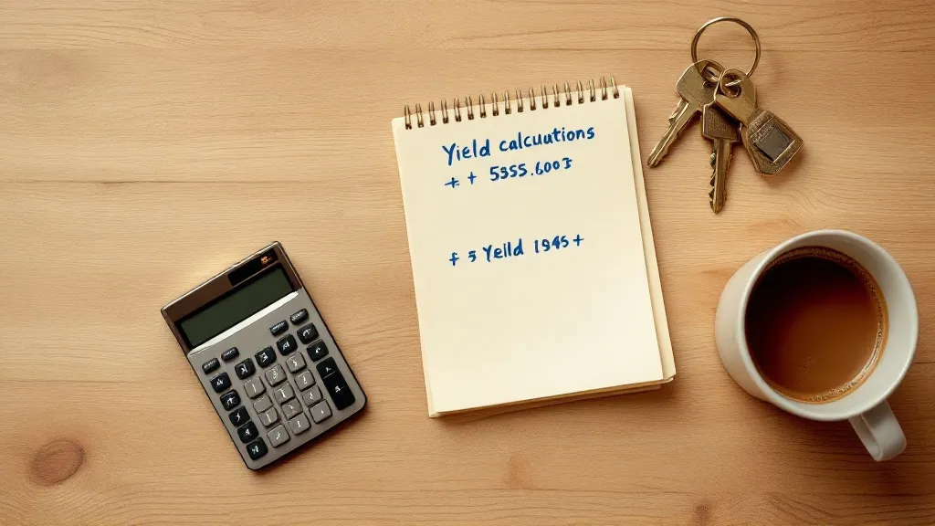 Flat-lay overhead shot of a wooden desk with a notepad showing hand-drawn yield calculations, a calculator, a set of keys with a house keyring, and a cup of coffee, warm natural light, clean minimal composition, muted tones of cream and brown, photorealistic