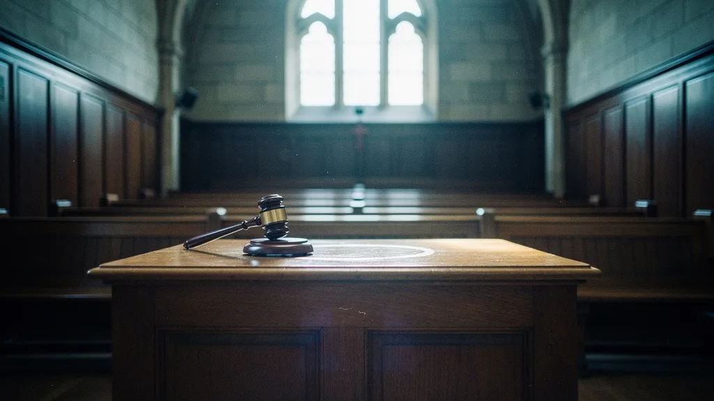 Empty British courtroom interior with low-angle view of a polished oak judge's desk, single gavel in foreground, cool natural light from tall windows, dark wood and grey stone architecture.