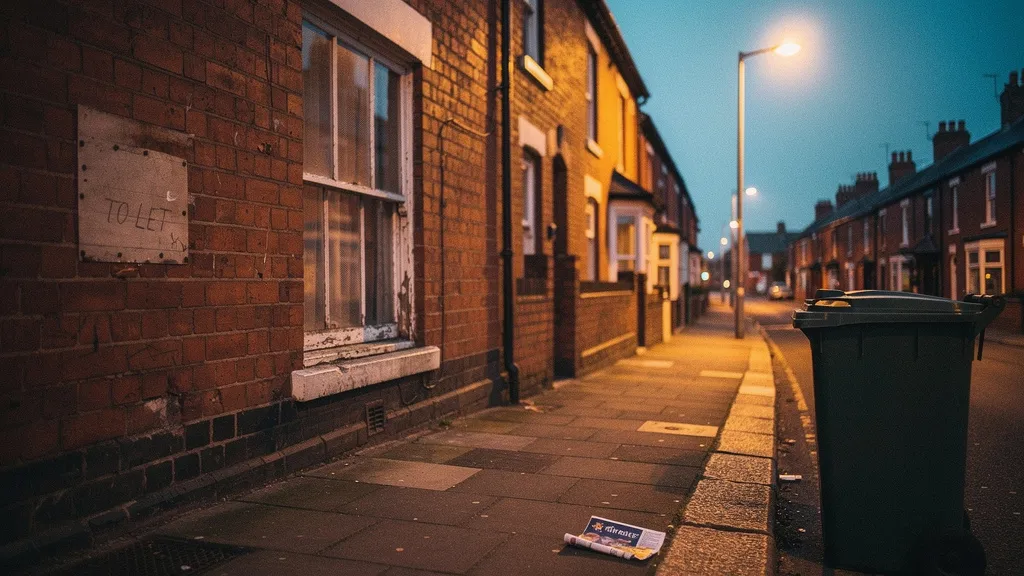A Victorian terraced house on a British residential street at dusk, streetlights glowing amber against a blue sky, one house in sharp focus with a faint mark where a rental sign was removed.