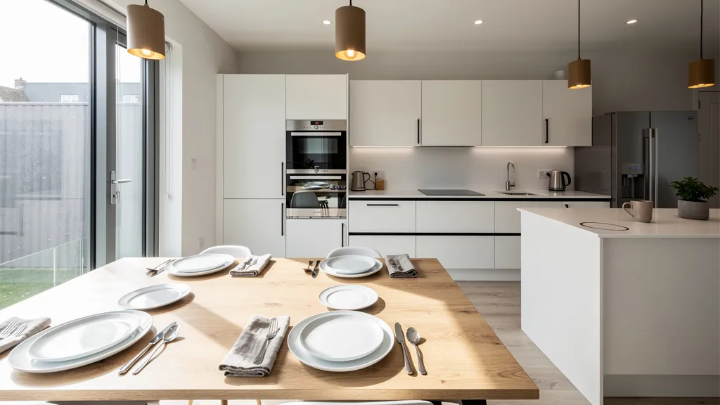 A wide-angle interior of a modern, well-maintained HMO shared kitchen and dining area, clean white surfaces, warm pendant lighting, four individual place settings suggesting multiple occupants, bright natural light from large windows, no people present, orderly and professional feel, contemporary Scandinavian-influenced design