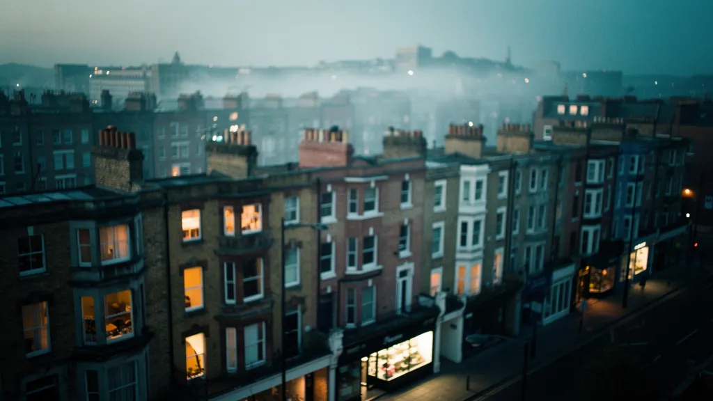Aerial dusk view of a dense Victorian terraced street with warm lights glowing through windows, muted blue and amber tones, slight fog in the distance.