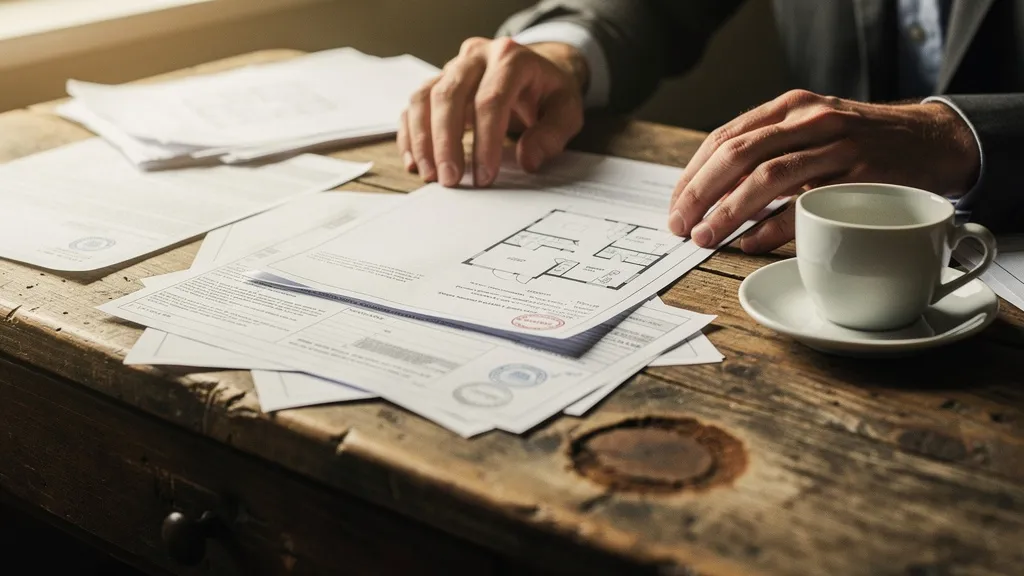 Close-up of an investor's hands reviewing floor plans and property documents on a wooden desk with a coffee cup nearby, lit by soft natural window light.