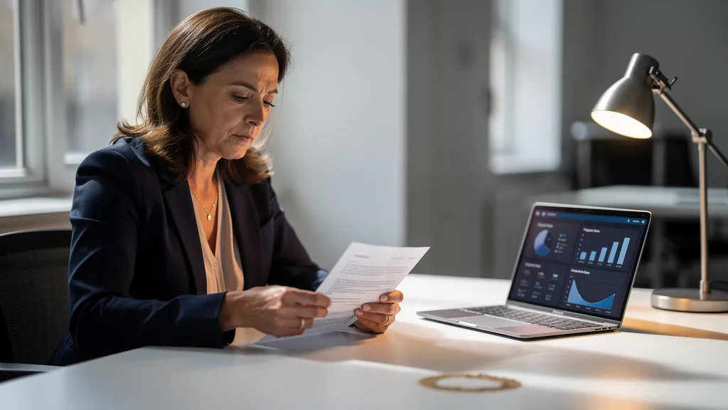 A professional woman reviews mortgage documents and property data charts at a minimalist desk in a modern UK office, bathed in warm natural and accent lighting.