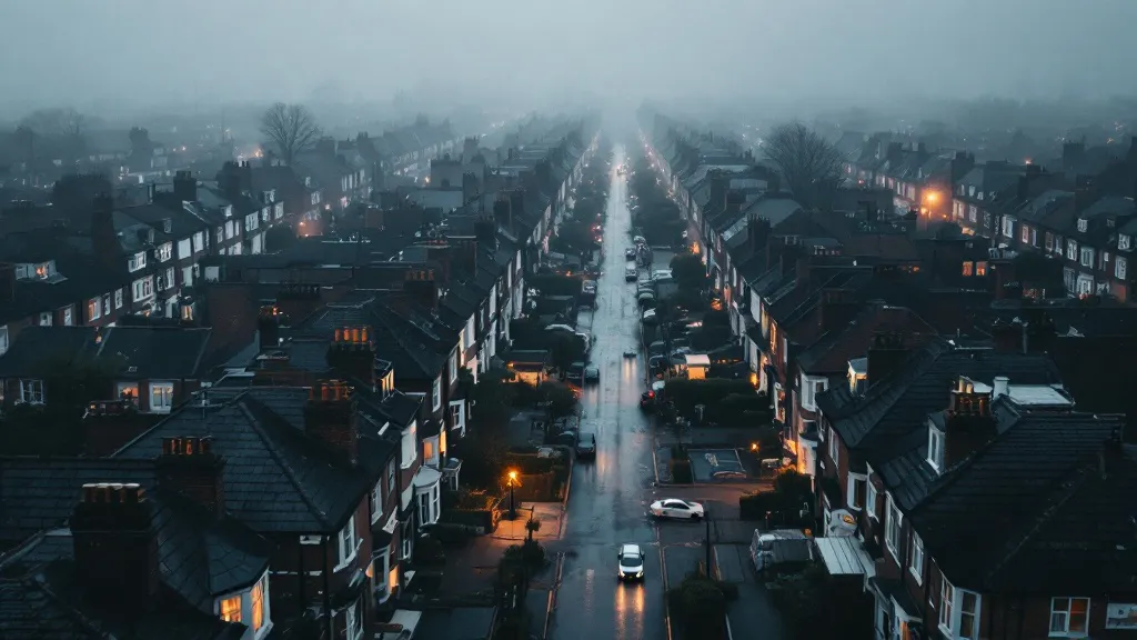 Aerial dawn view of a dense UK Victorian terrace street with rows of brick houses stretching into mist; one house glows with warm amber light, suggesting selection or scrutiny.