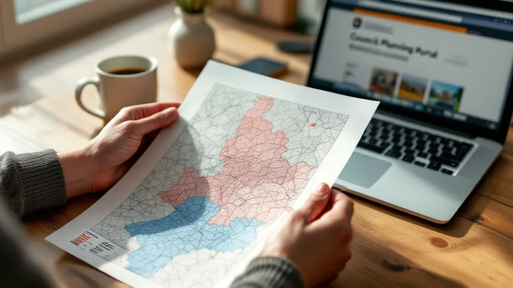 Hands holding a printed UK planning map with coloured zones on a wooden desk beside a laptop showing a council planning portal, warm indoor lighting.