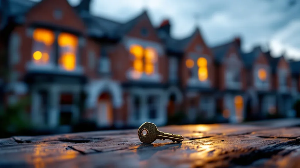 A brass key lies on weathered wood in sharp focus, with a softly blurred row of brick terraced houses glowing with warm window light at dusk behind it.