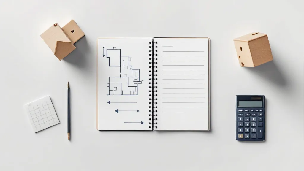 Top-down flat-design illustration of a financial workspace with property diagrams, calculator, and model houses in cool greys and warm accents, soft left-side lighting.
