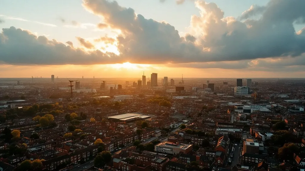Aerial view of a northern English city at sunset, showing red-brick terraced houses in the foreground transitioning to a modern city centre, with dramatic golden-lit clouds overhead.