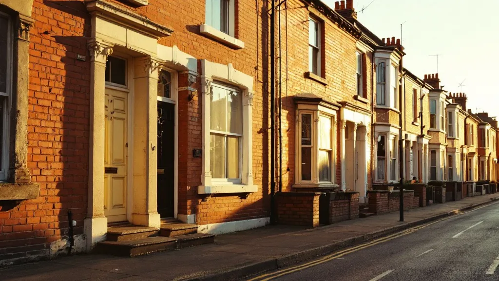 A quiet Victorian terraced street in northern England bathed in late afternoon sunlight, with original brick facades and freshly painted window frames casting long shadows across clean pavements.