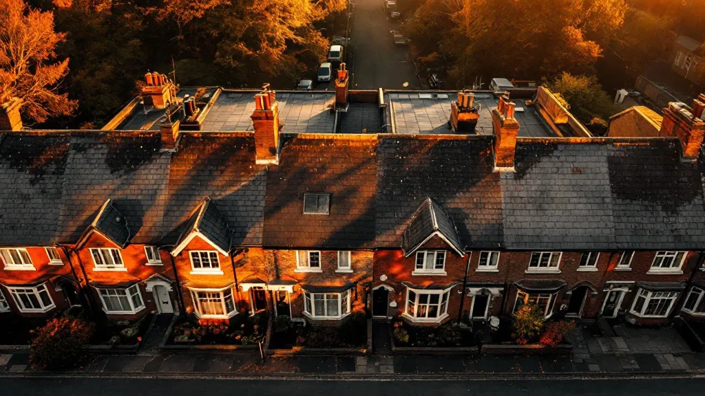 Aerial view of UK terraced houses at sunset, one house isolated from a cluster of four, long shadows across rooftops emphasising contrast between individual and collective strength.