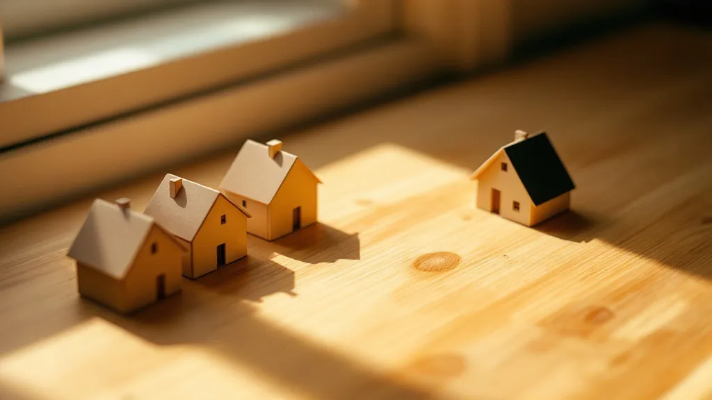 Close-up of wooden desk with four clustered house miniatures in focus and one isolated house model apart, lit by soft window light, symbolising portfolio diversification versus single-asset risk.