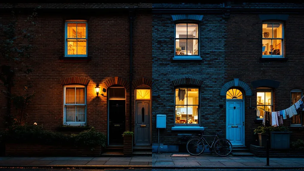 Split-screen comparison of identical terraced houses: left shows a quiet single-family home at dusk with one lit window; right shows the same house with multiple lit windows and a bike rack, suggesting multiple occupants.
