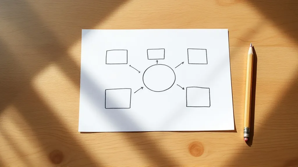 Overhead view of a wooden desk with a hand-drawn diagram on white paper showing five rectangles with arrows pointing to a central circle, representing multiple income sources converging into one. A pencil rests beside the paper in natural window light.