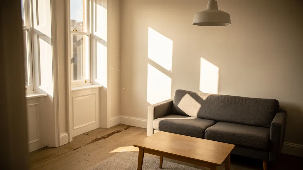 Clean modern shared house interior, bright living room with contemporary furniture, natural light streaming through large sash windows, warm neutral tones, a sense of professional quality rental accommodation, no people, photorealistic, medium shot